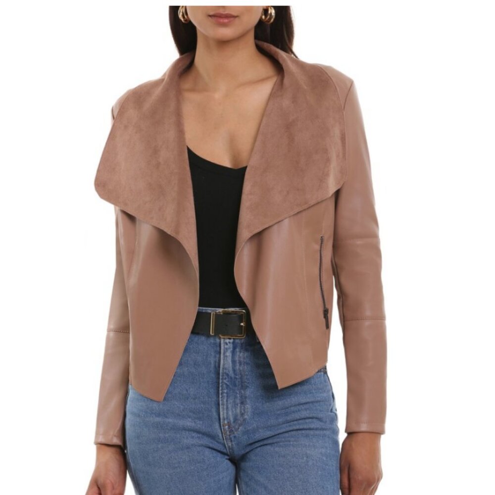 Bagatelle Faux Leather Drape Front Jacket – Chic Minimalist Layer - Picture 12 of 13